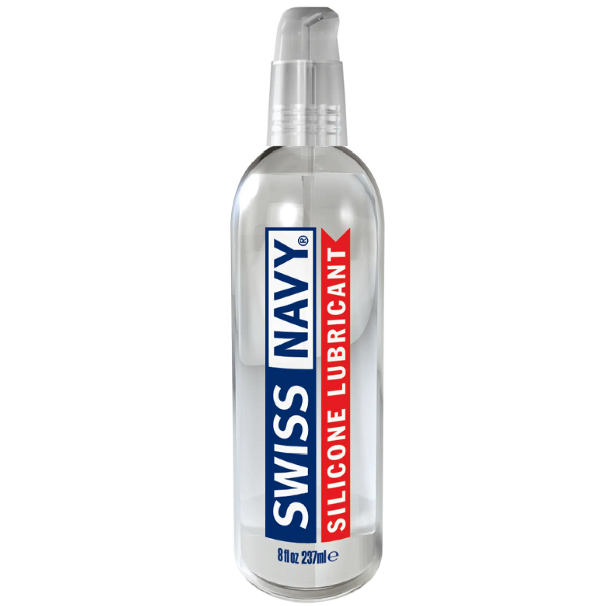 Clear plastic swiss navy silicone lubricant bottle with blue and red label and transparent pump dispenser
