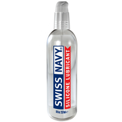 Clear plastic swiss navy silicone lubricant bottle with blue and red label and transparent pump dispenser