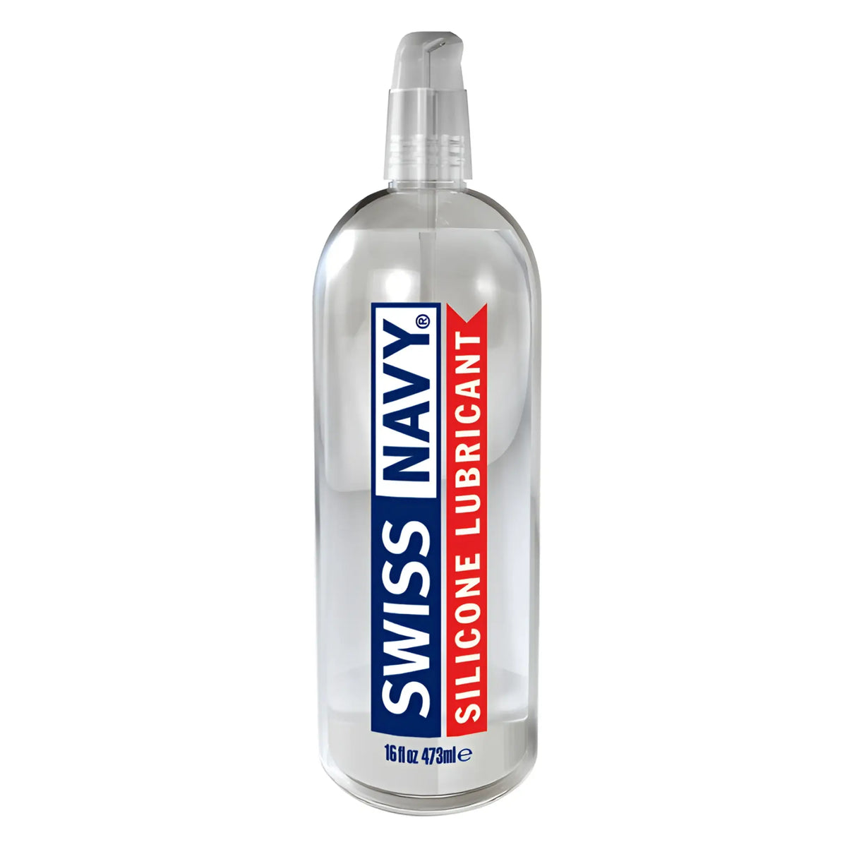 Clear plastic bottle of swiss navy silicone lubricant with silver pump dispenser and blue and red label text