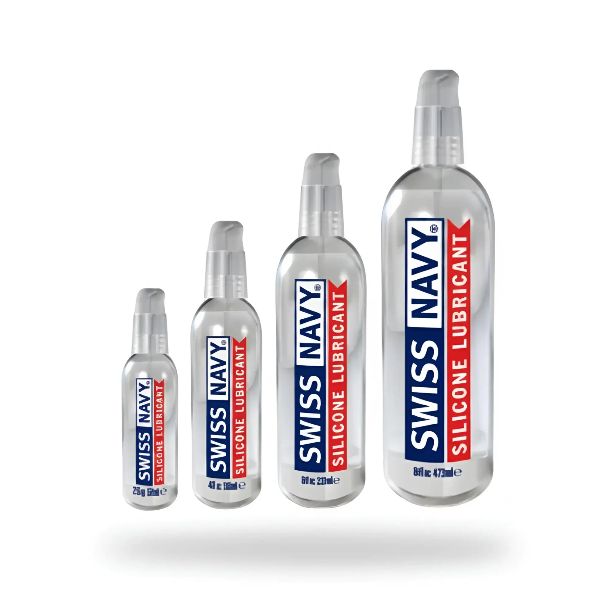 Clear plastic bottles of swiss navy silicone lubricant with silver pump tops and blue and red labels in various sizes