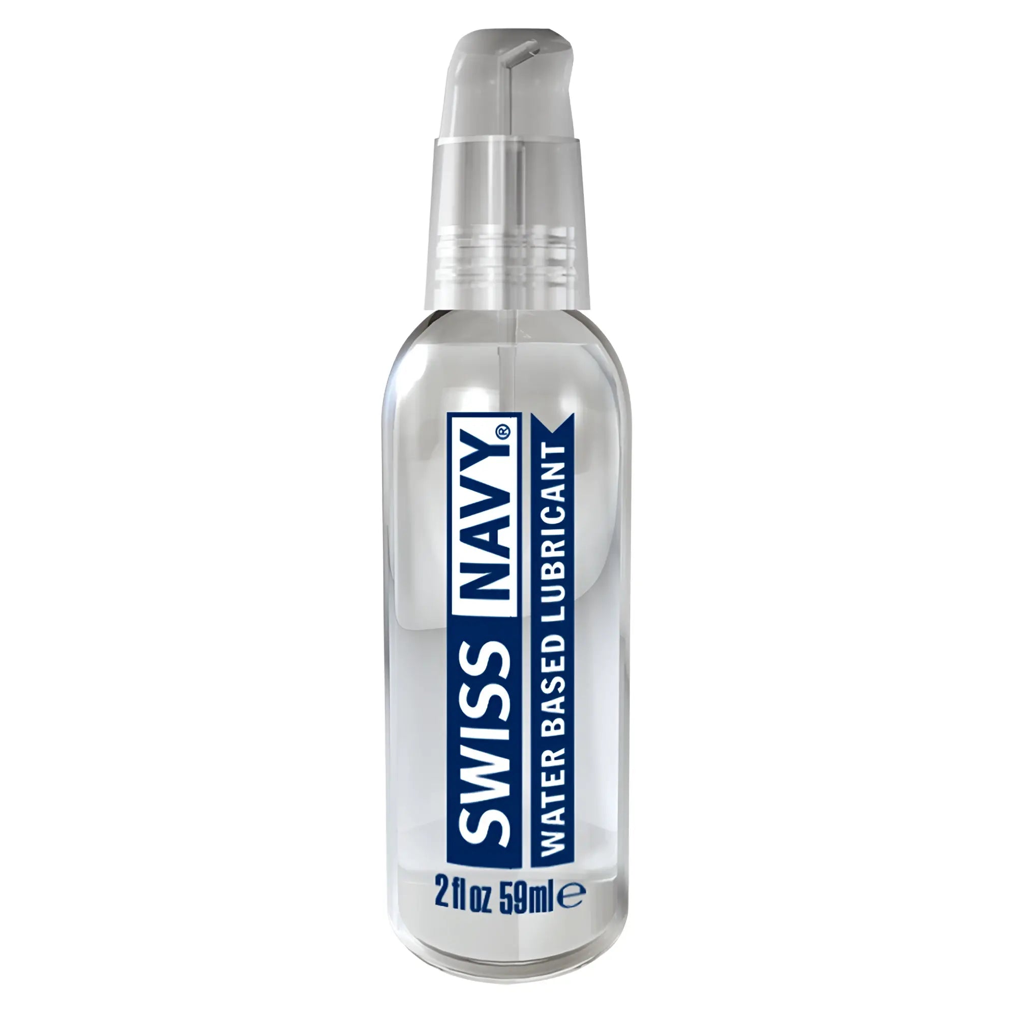 Clear glass bottle with silver pump of swiss navy water-based water based lubricant in blue text label