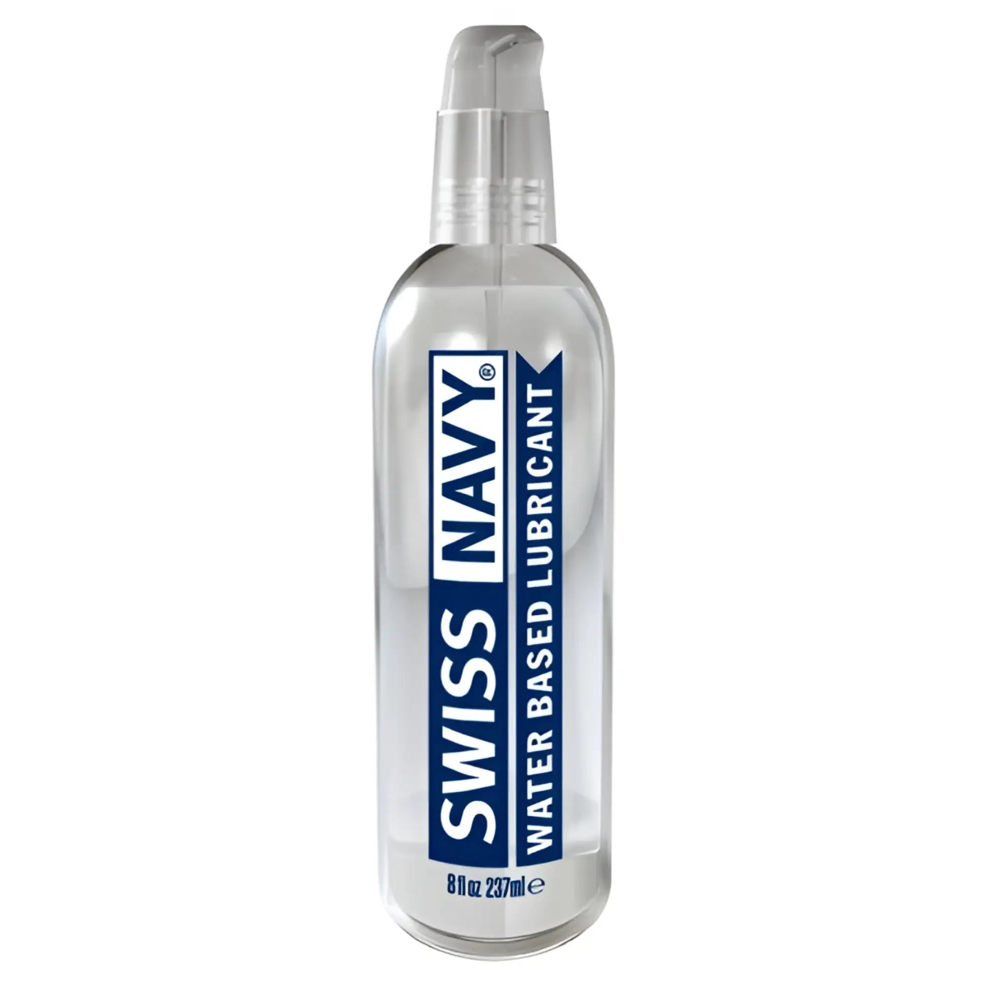 Clear plastic bottle with silver pump dispenser labeled swiss navy water-based water lubricant in blue and white text