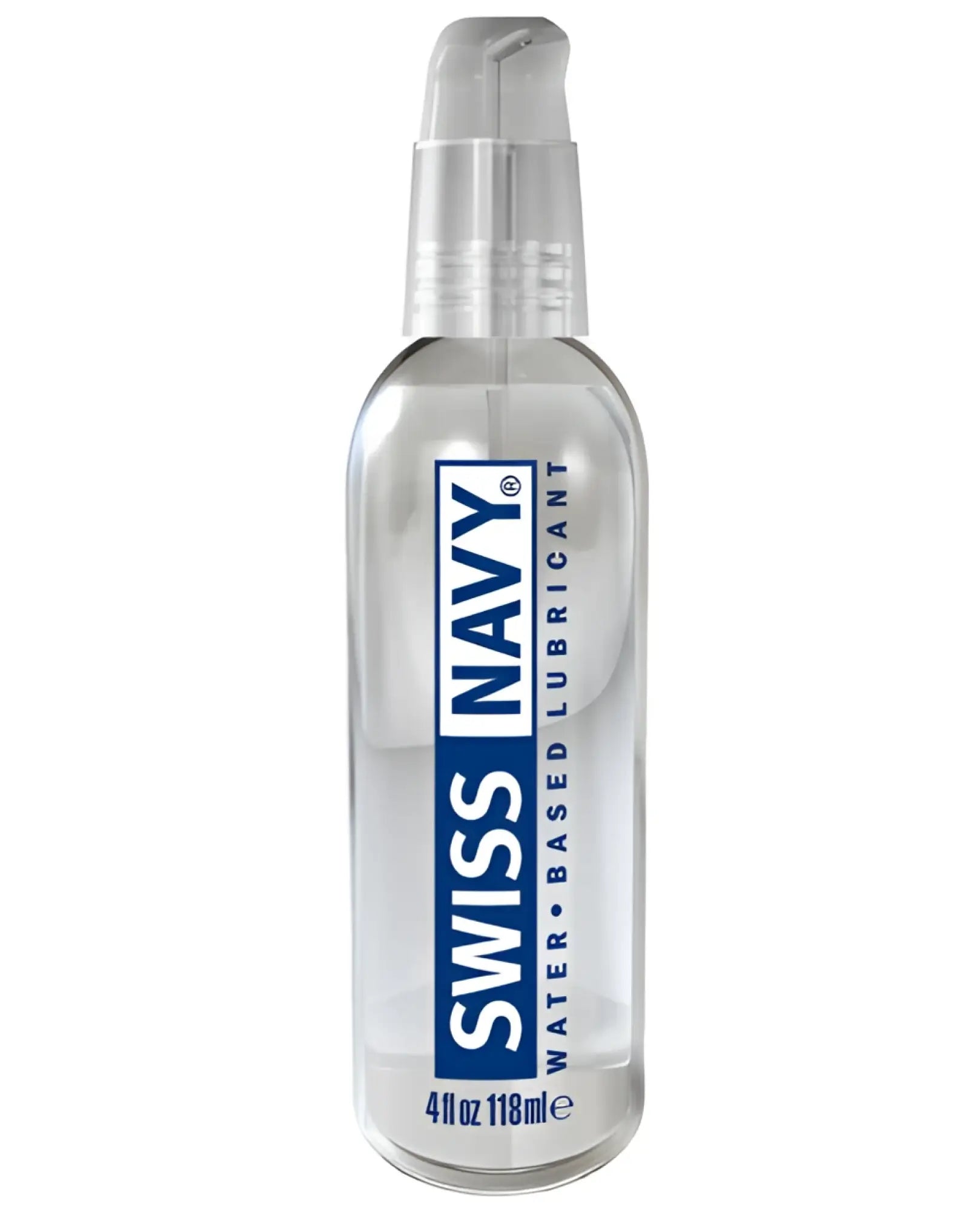 Clear plastic bottle with silver pump dispenser labeled Swiss Navy water-based lubricant in blue and white text