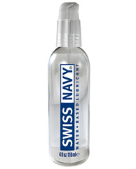 Clear plastic bottle with silver pump dispenser labeled Swiss Navy water-based lubricant in blue and white text