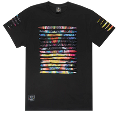 Black switch thrashed tee with vibrant multicolored abstract horizontal strips on chest and colorful sleeve accents