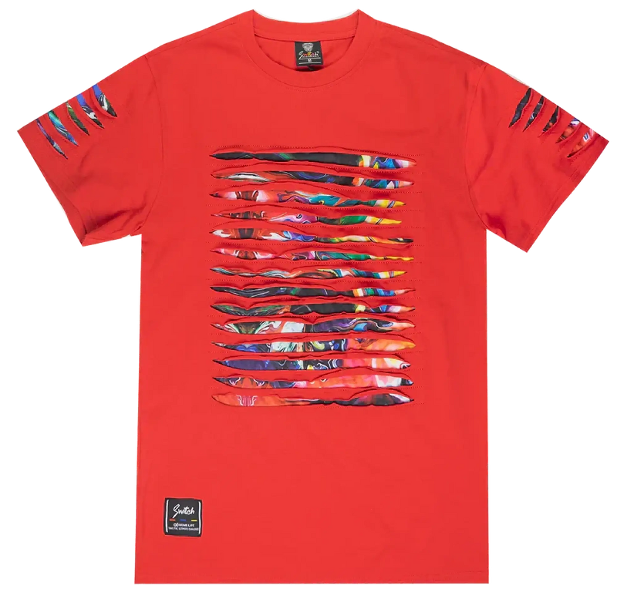 Vibrant red switch thrashed tee with bold multicolored abstract horizontal stripes and ripped sleeve accents