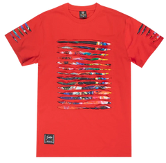 Vibrant red switch thrashed tee with bold multicolored abstract horizontal stripes and ripped sleeve accents