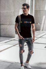 Black short-sleeved cotton t-shirt by t-shirt monkey with colorful classic video game character graphics