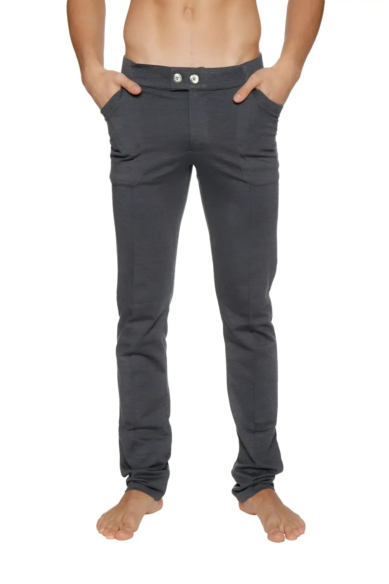 Dark gray slim-fit tactical urban at home dress pant with soft fabric and two white buttons at the waistband