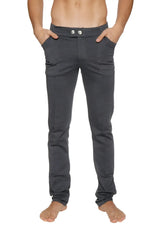 Dark gray slim-fit tactical urban at home dress pant with soft fabric and two white buttons at the waistband
