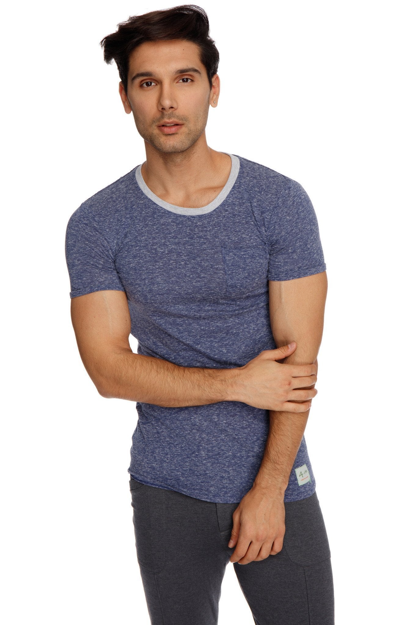 Blue heathered short sleeve t-shirt with light gray ribbed crew neckline paired with charcoal tactical urban yoga pants