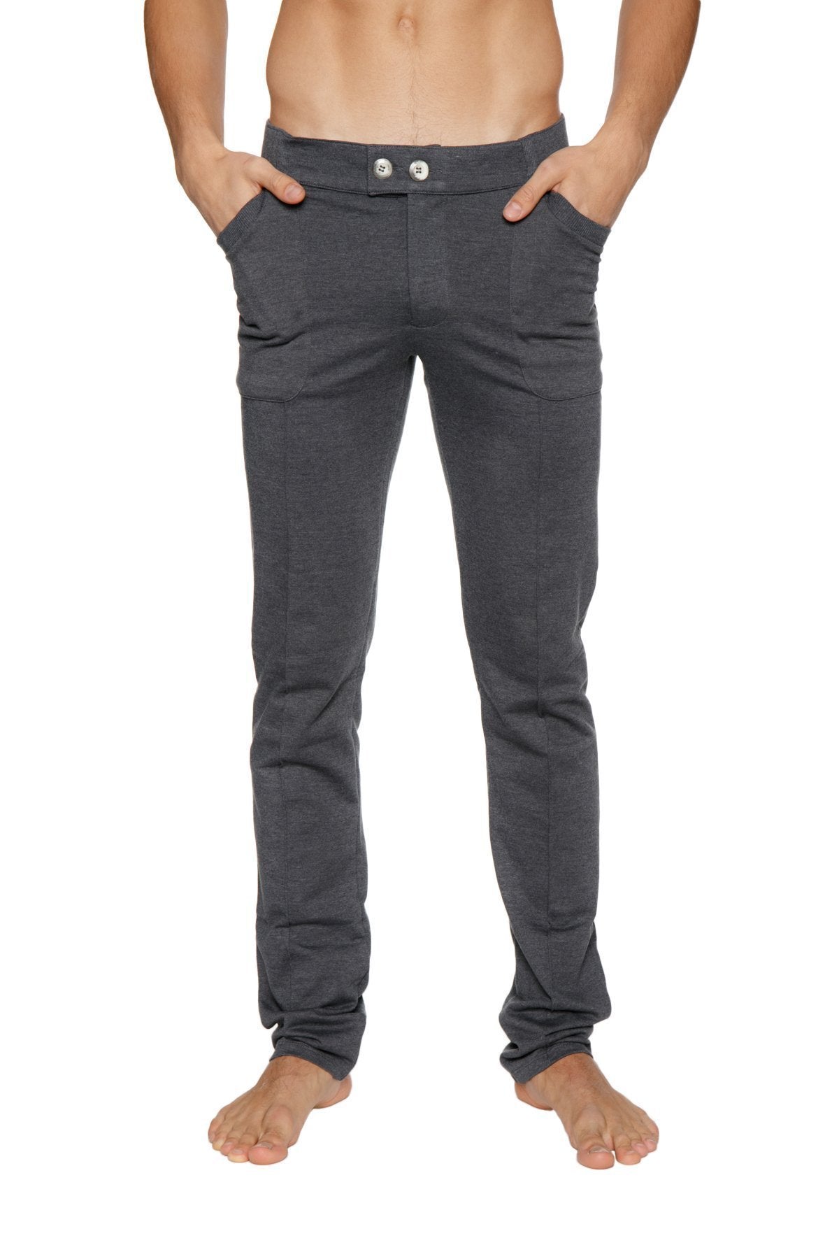 Dark gray slim-fit tactical urban at home dress pant with soft fabric and two white buttons at the waistband