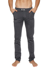 Dark gray slim-fit tactical urban at home dress pant with soft fabric and two white buttons at the waistband