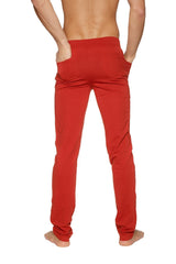 Back side of cinnabar red tactical urban at home dress pants slim-fit soft stretchy fabric with two back pockets