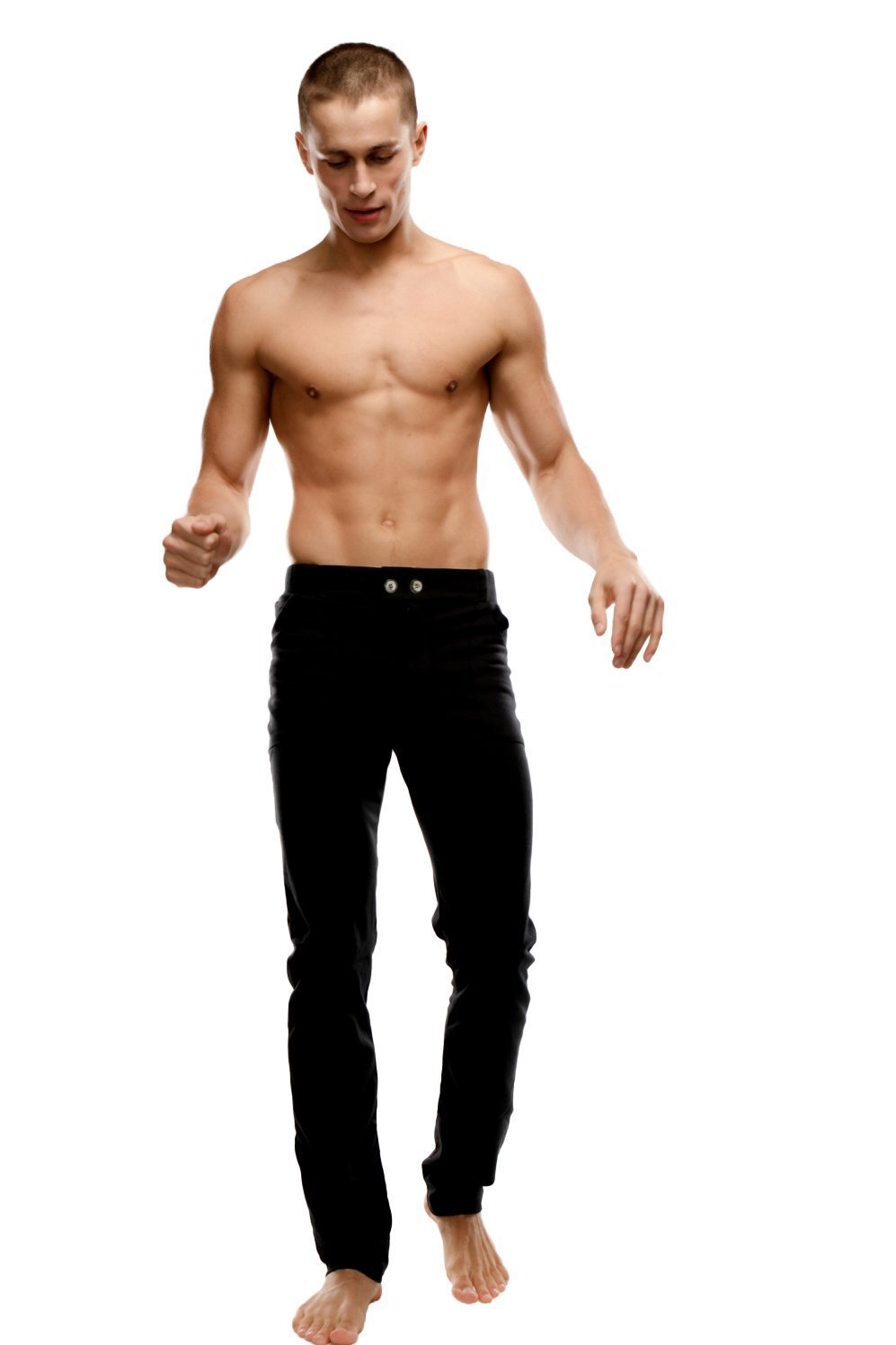 Black slim-fit tactical urban at home dress pant yoga pant with five-pocket design and silver-toned button closure