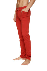 Red slim-fit cinnabar tactical urban dress pant with button waist closure designed for yoga and home use