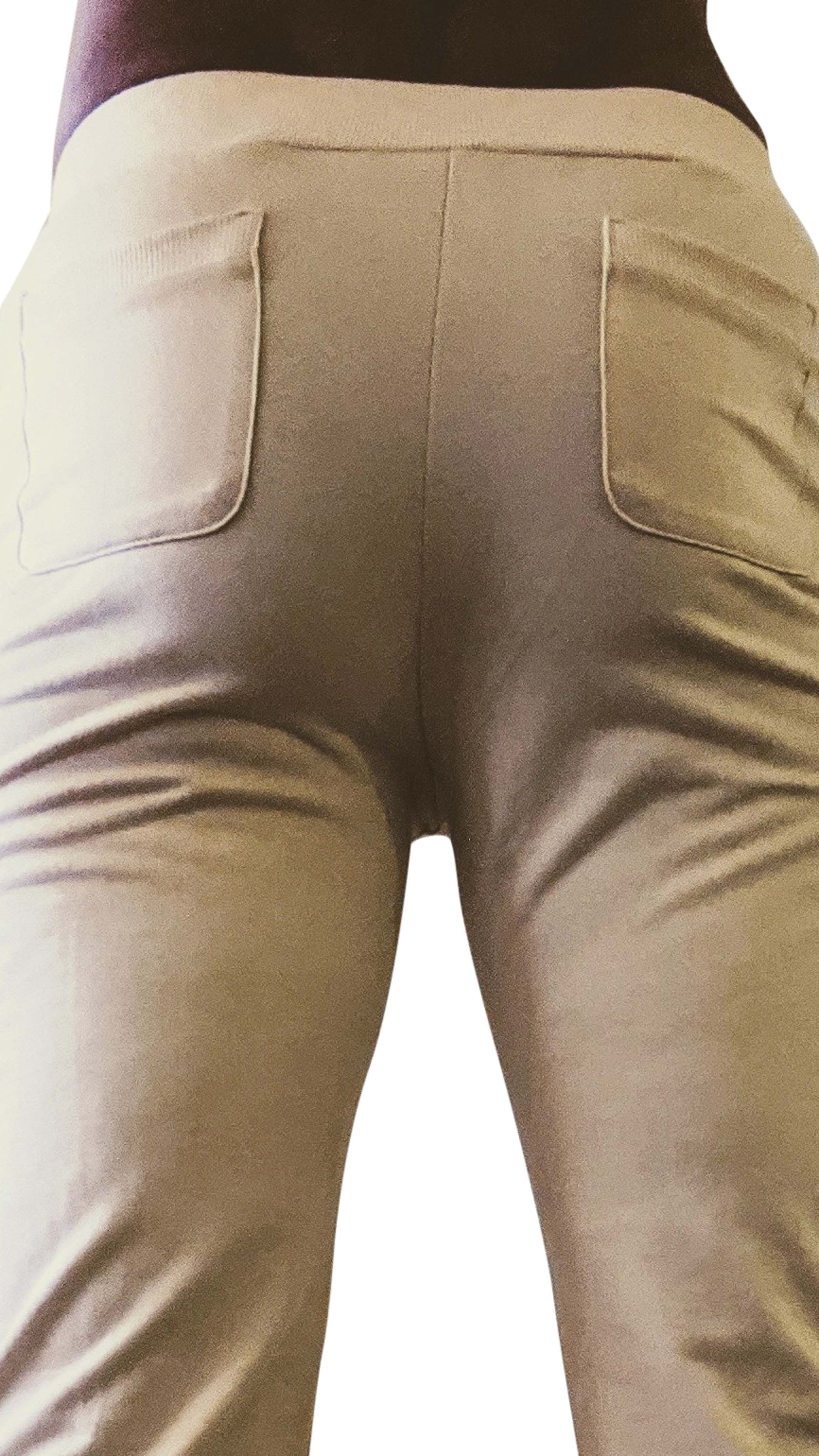 Back view of tactical urban at home dress pant yoga pant in sand beige with fitted waistband and two back pockets