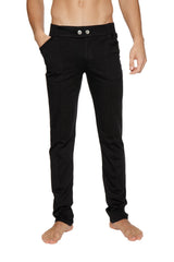 Black tactical urban at home dress pant yoga pant with slim-fit design and silver-toned button closures at waist