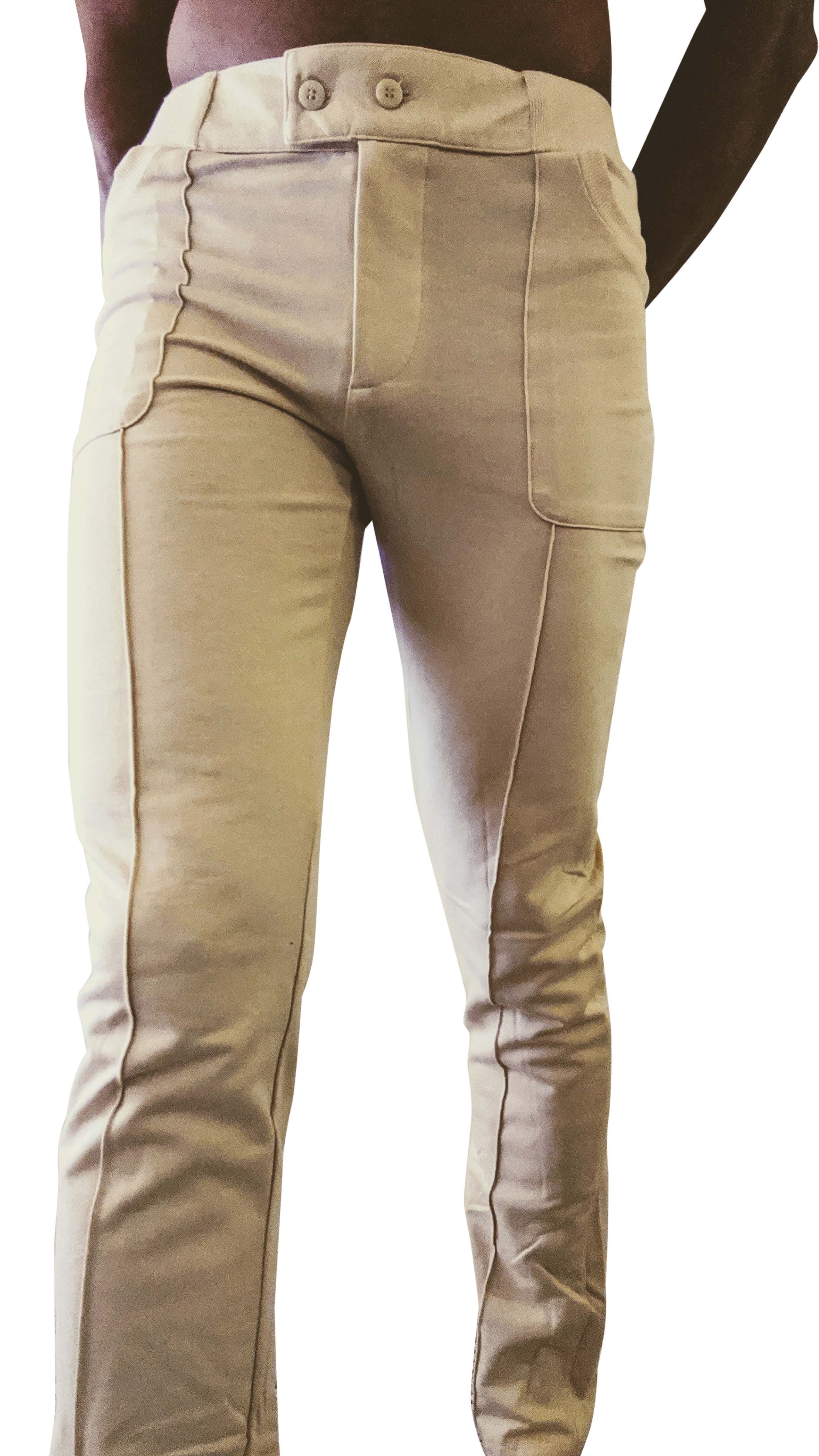 Tactical urban at home dress pant yoga pant in sand beige with slim fit buttoned waistband and visible stitching details