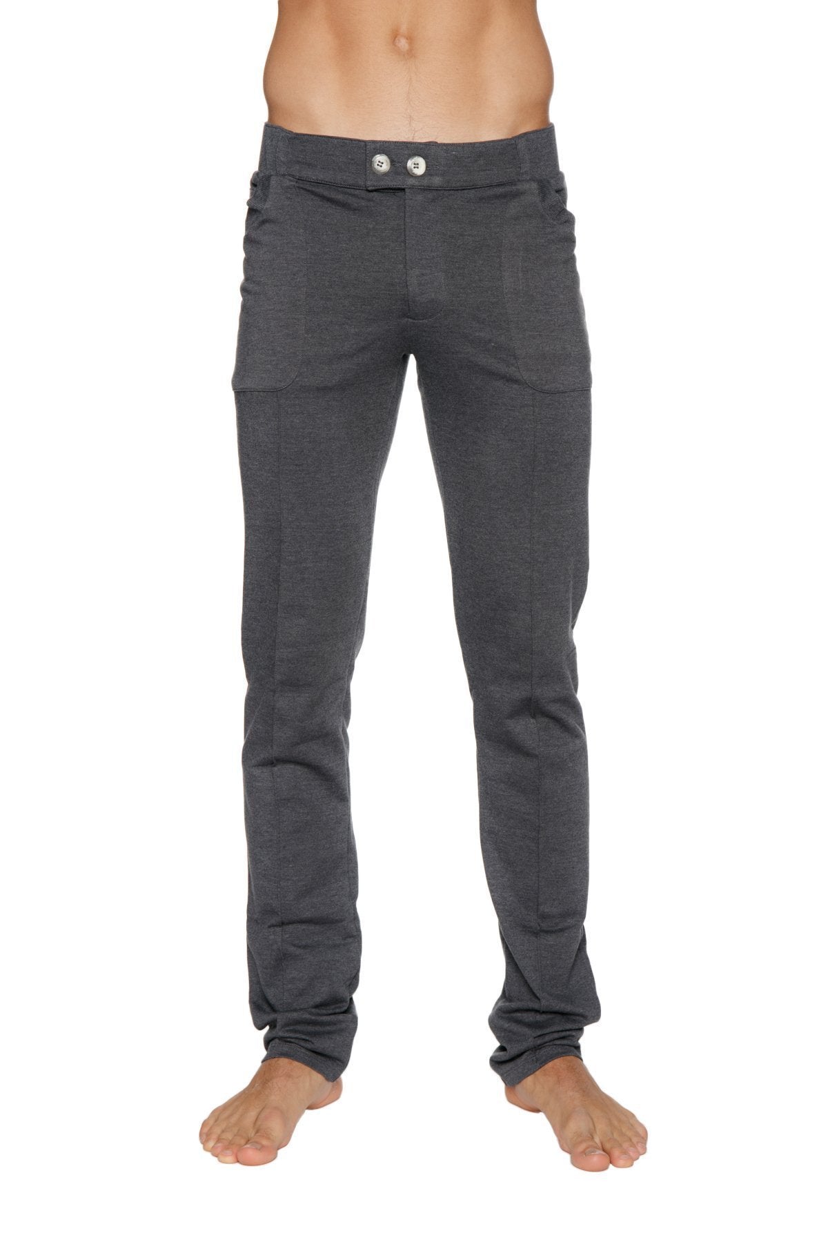 Dark gray slim-fit tactical urban at home dress pant yoga pant with soft stretchy fabric and two silver buttons at waistband