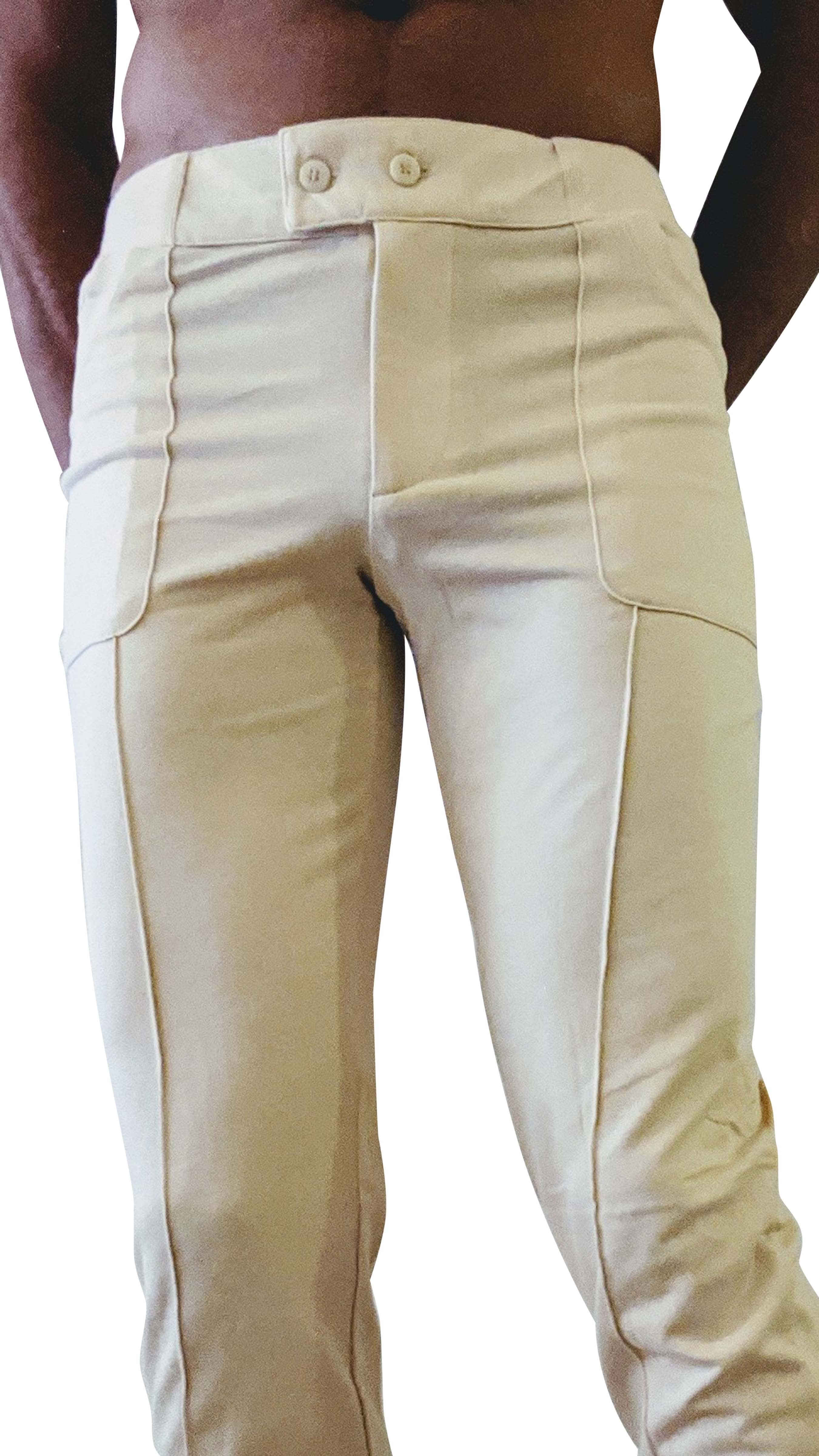 Beige tactical urban at home dress cargo pants with tailored fit two front buttons and visible seam detailing