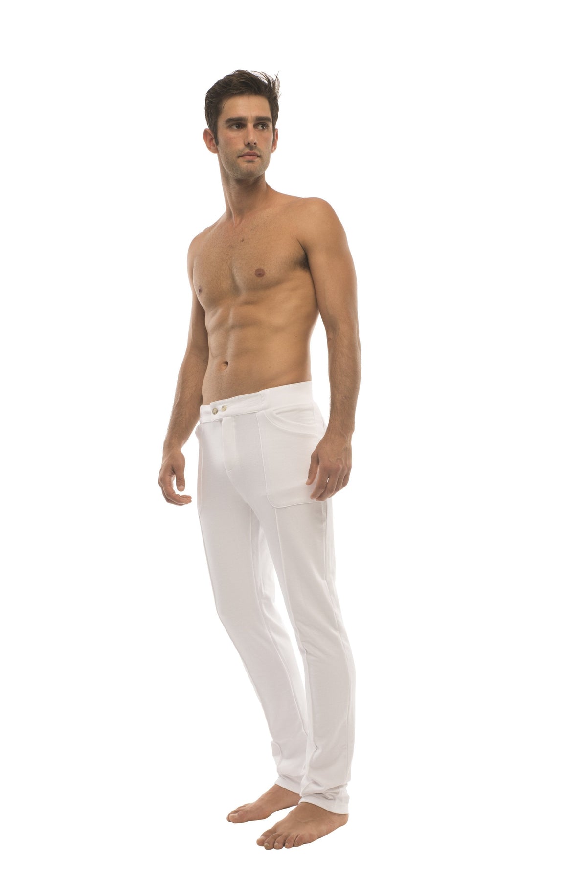 White men’s tactical urban slim-fit dress pants with clean minimalist design ideal for yoga and casual wear
