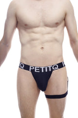 Black petitq tanga briefs with white logo band and side gusset strap designed for comfortable adventure wear