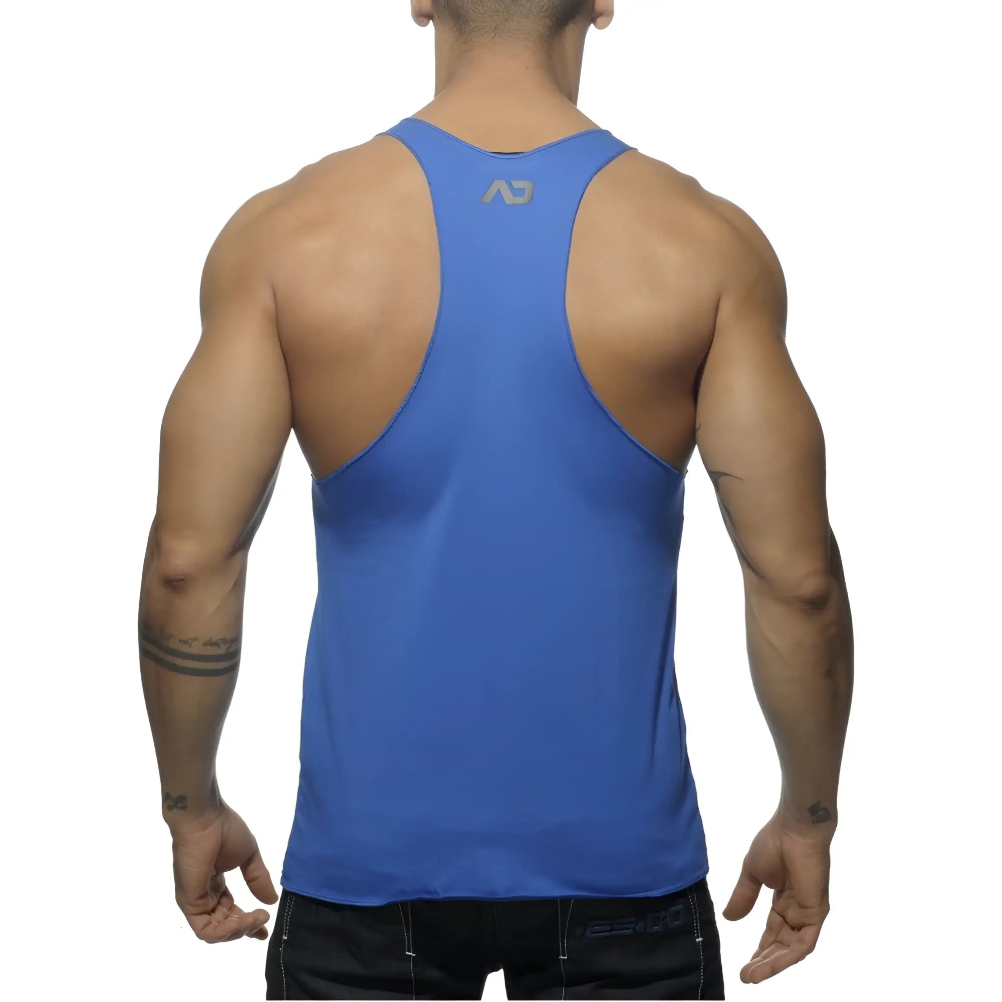 Blue athletic tank top showing back with subtle gray logo printed on upper back for activewear use