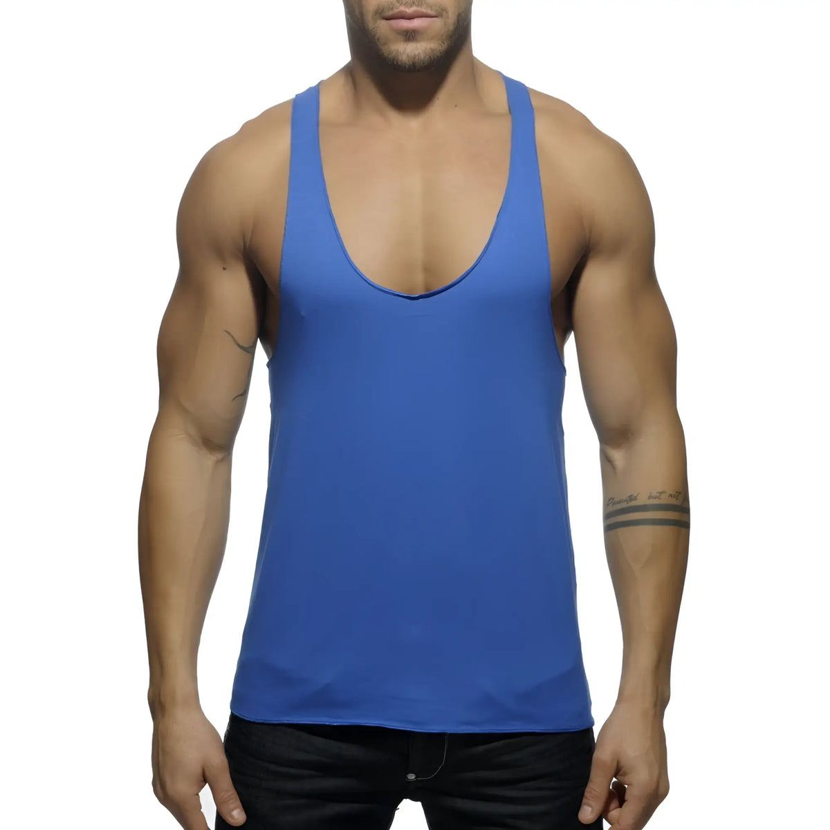 A solid royal blue sleeveless tank top with deep scoop neckline and thin straps shown from the back in tank back printed