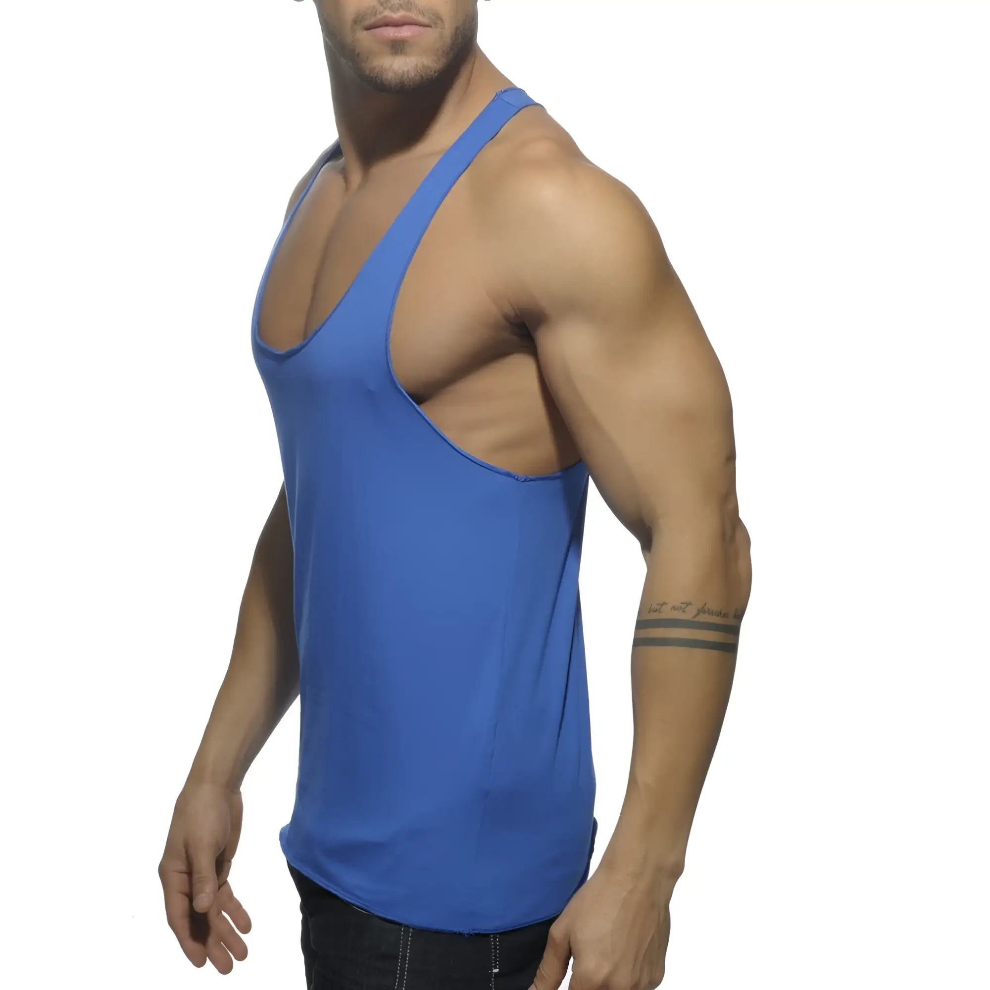 A vibrant royal blue muscle tank top with deep scoop neckline racerback design shown from the back side