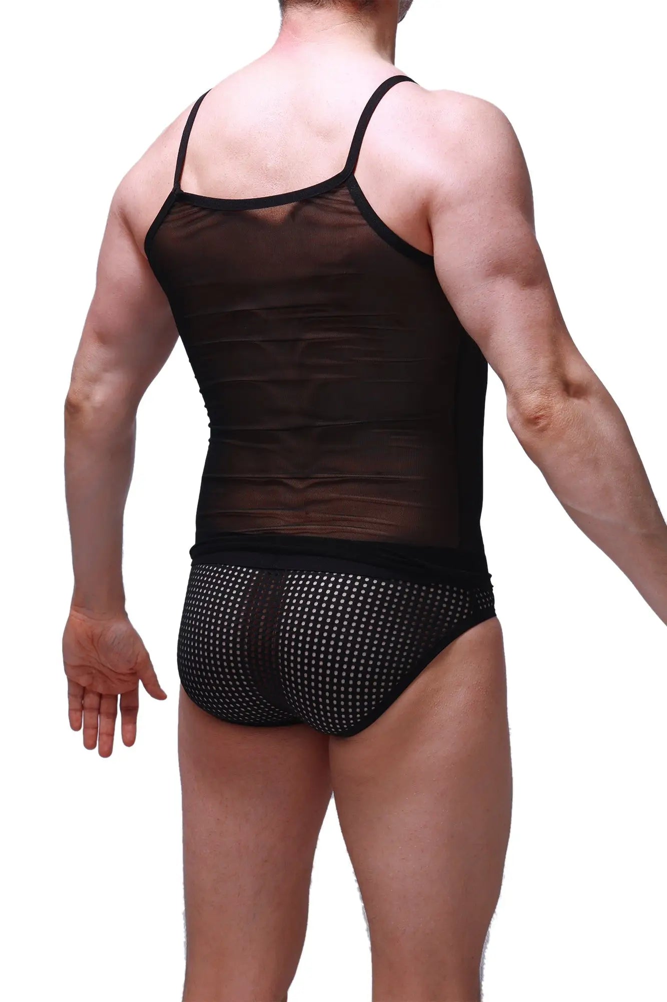Black sheer mesh tank net black with thin straps and black waistband for breathable stylish layering