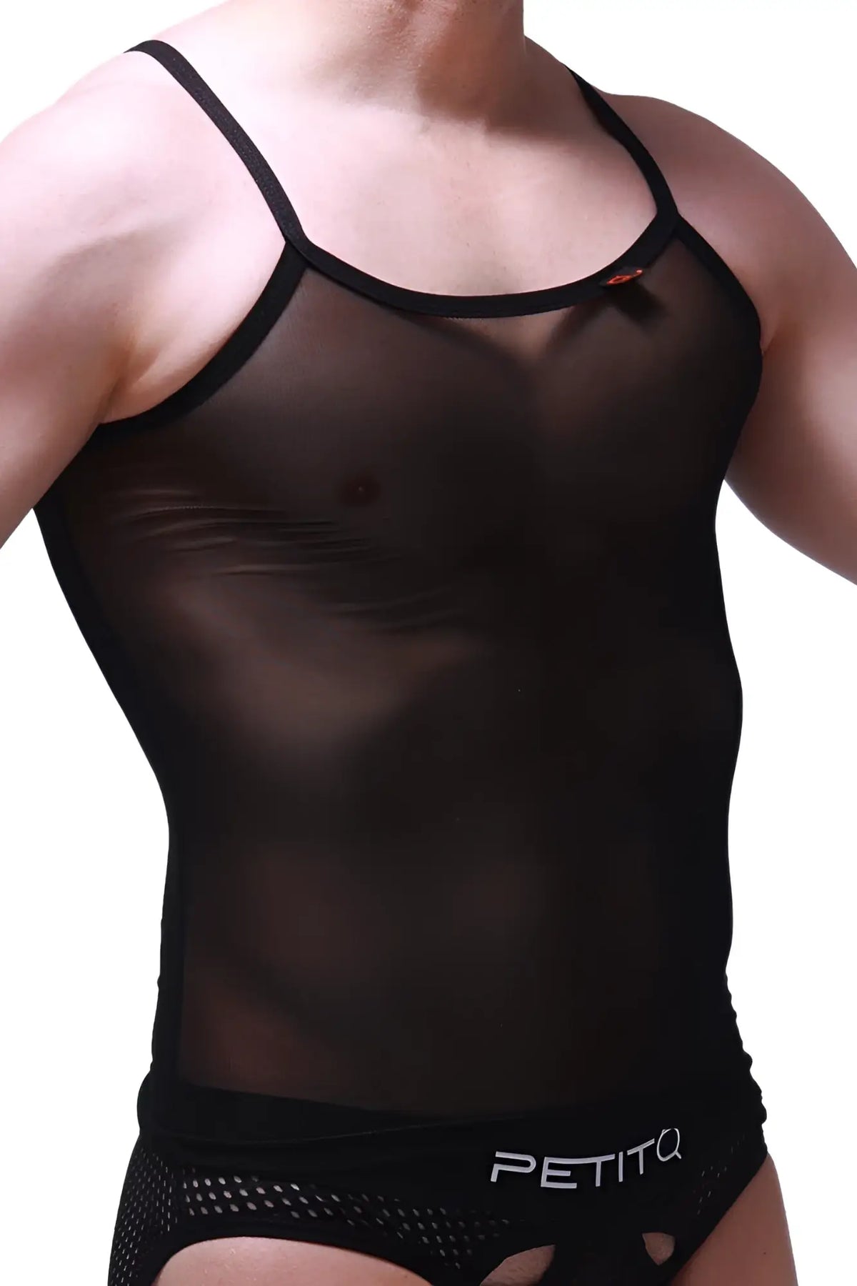 Black sheer mesh tank top with thin straps and black elastic waistband shown from the back side