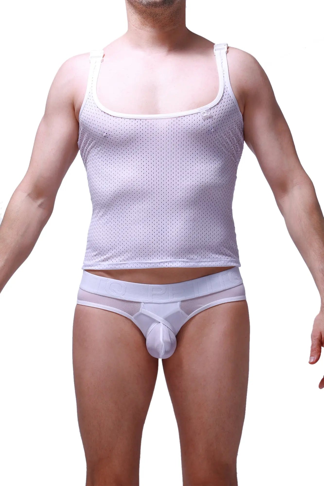 White mesh tank top attan bee white with thin straps and square neckline for casual wear