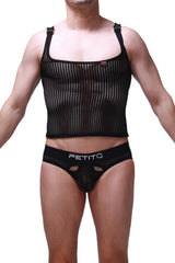 Black mesh tank top attan durtol black with adjustable straps and small red logo on the upper right side
