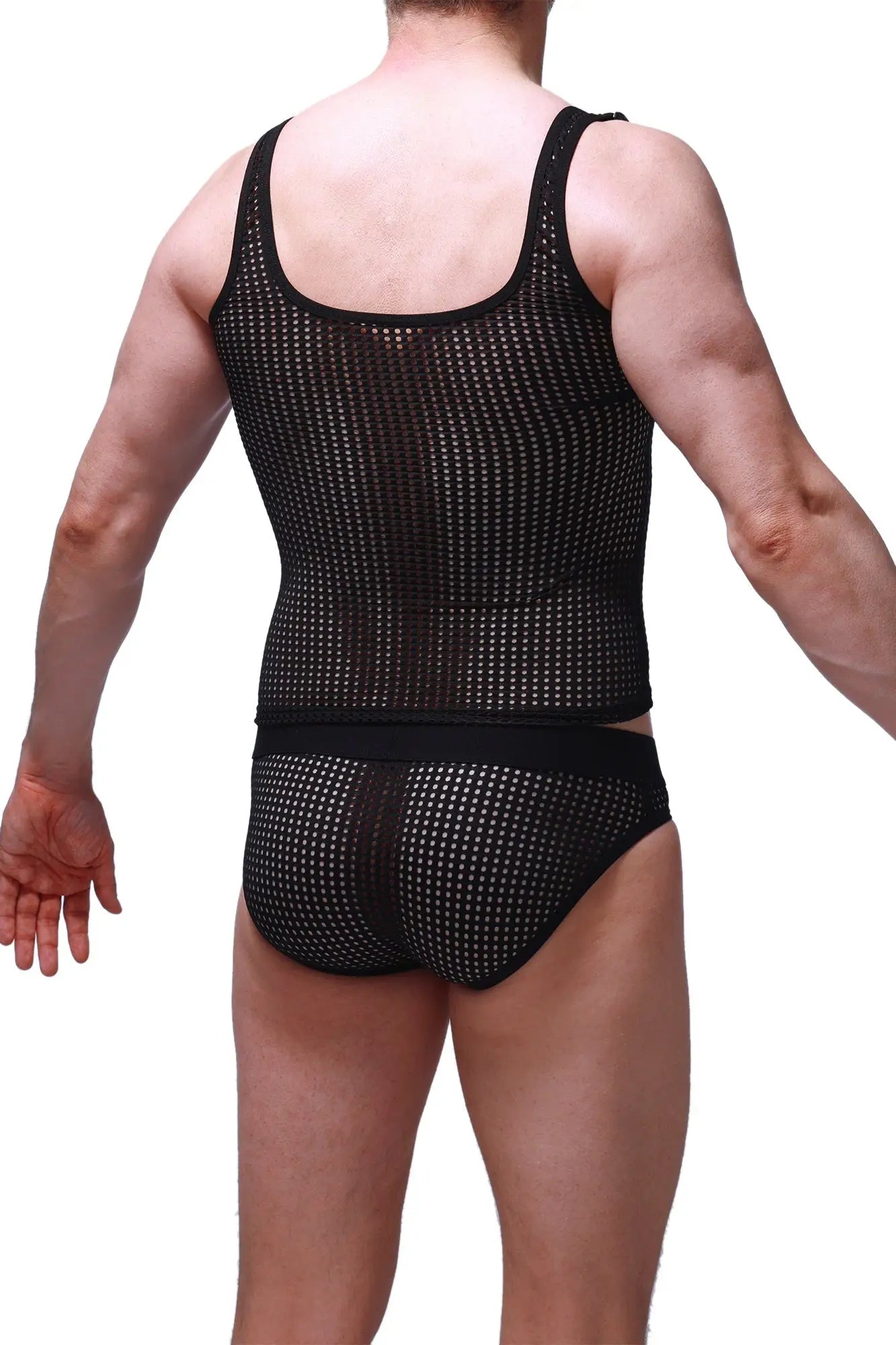 Black mesh tank top attan durtol with matching briefs set showcasing breathable lightweight fabric