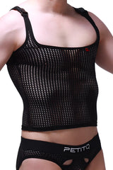 Black mesh tank top attan durtol with square neckline adjustable straps and small red logo on upper right chest