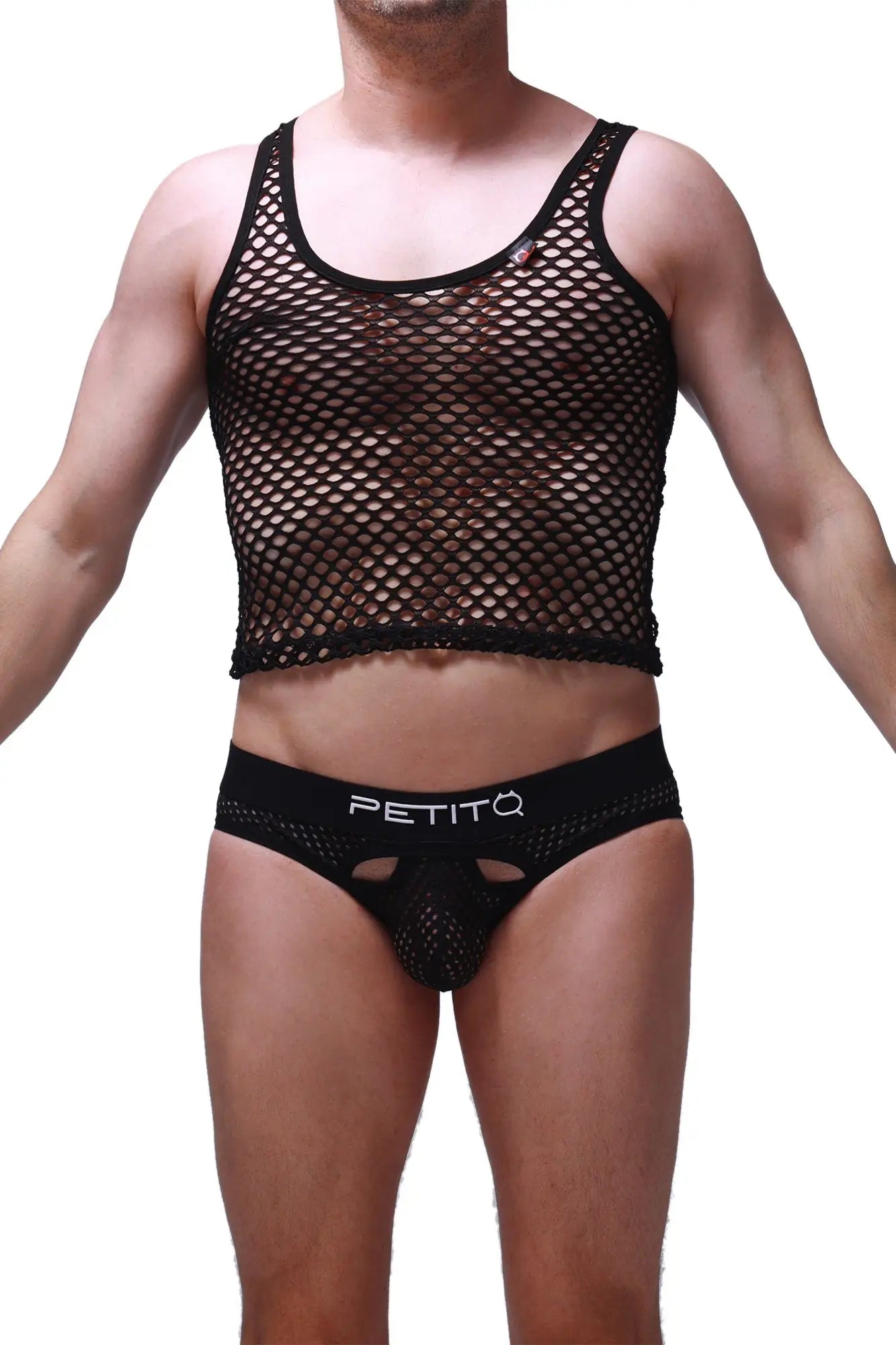 Black mesh tank top crop with scoop neckline and adjustable shoulder straps for stylish summer wear