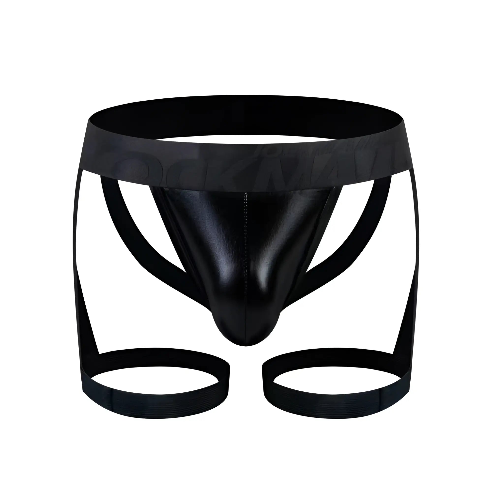 Black patent leather thong with a wide waistband and two circular leg straps in tartarus coated jock harness design