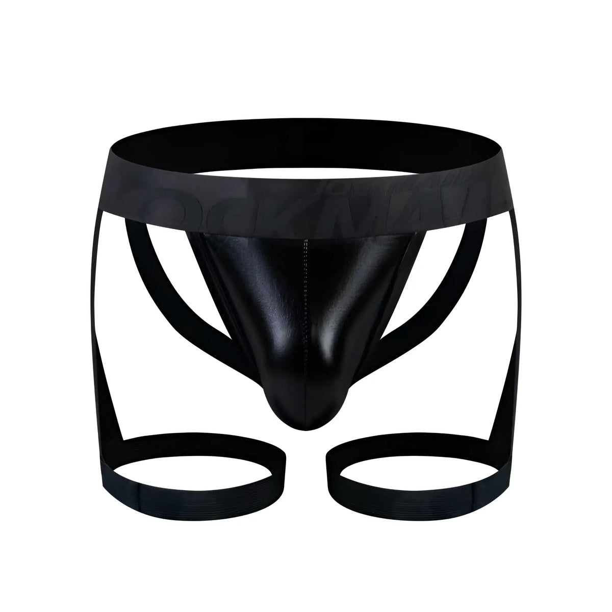 Black patent leather thong with a wide waistband and two circular leg straps in tartarus coated jock harness design