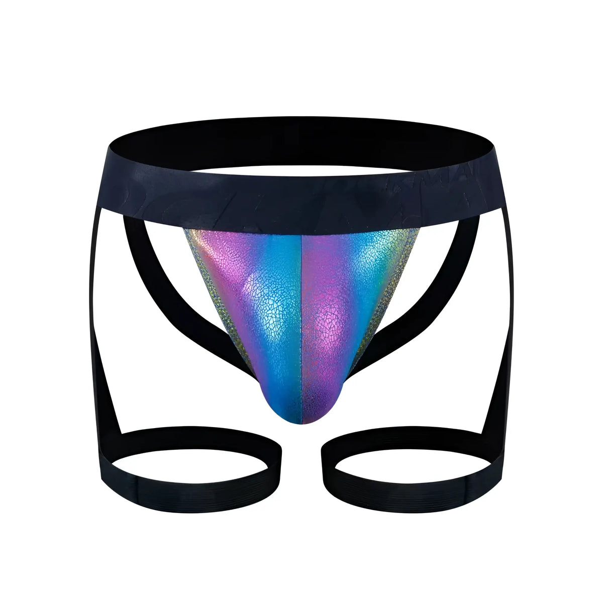 Tartarus coated jock harness iridescent holographic briefs with black elastic waistband and leg straps front view