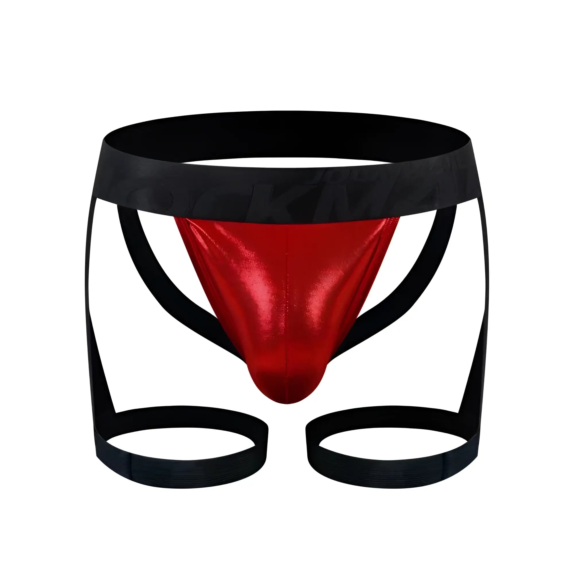 Red metallic coated jock harness briefs with black elastic waistband and leg straps for supportive fit