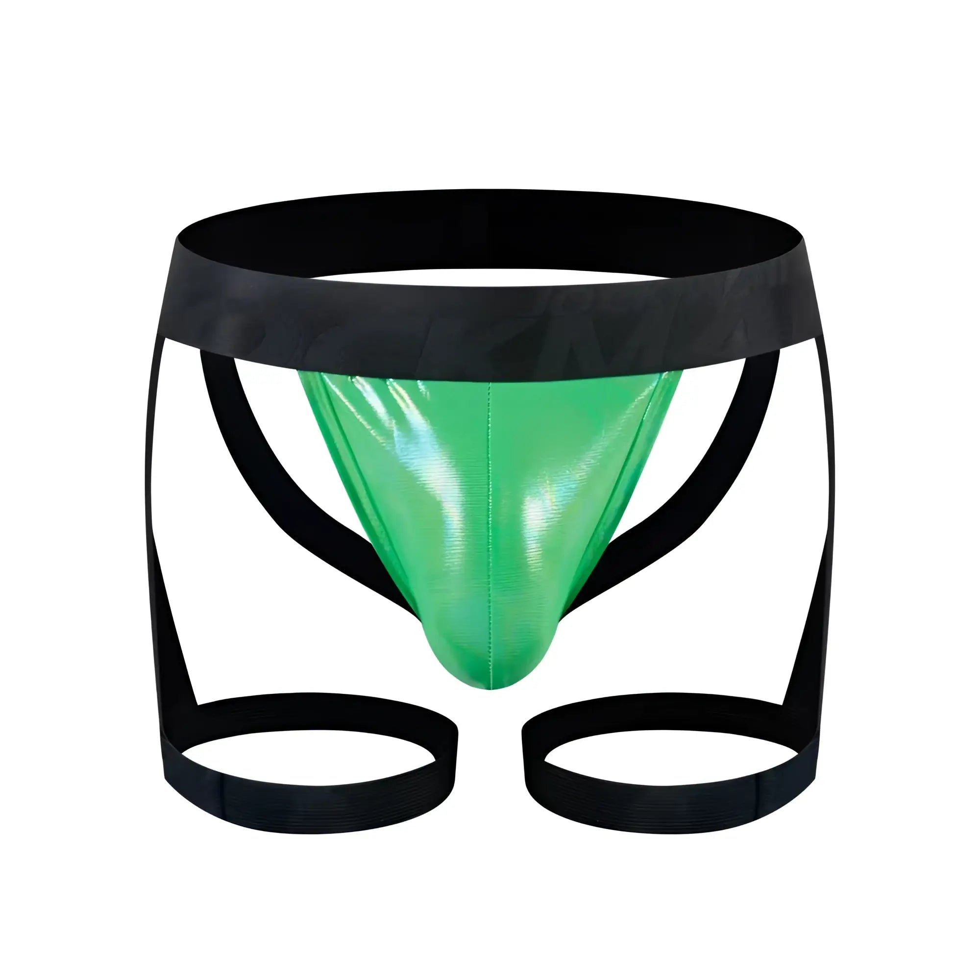 Vibrant green metallic tartarus coated jock harness briefs with black elastic waistband and matching leg straps