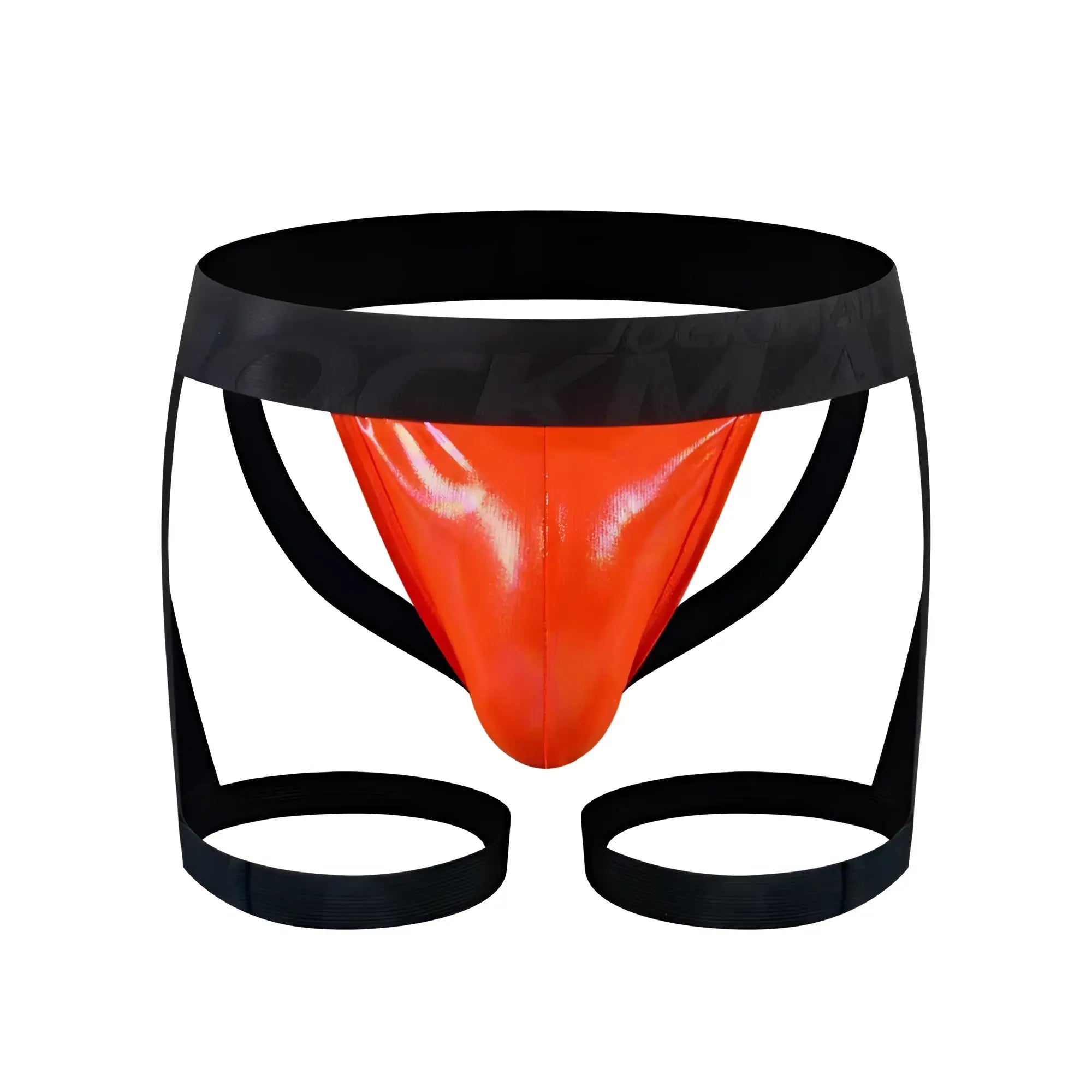 Vibrant orange patent leather tartarus coated jock harness thong with black elastic waistband and leg straps