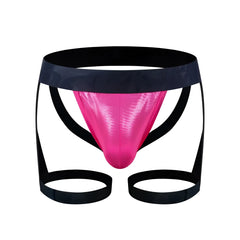 Vibrant pink metallic coated jock harness briefs with black elastic waistband and leg straps front view
