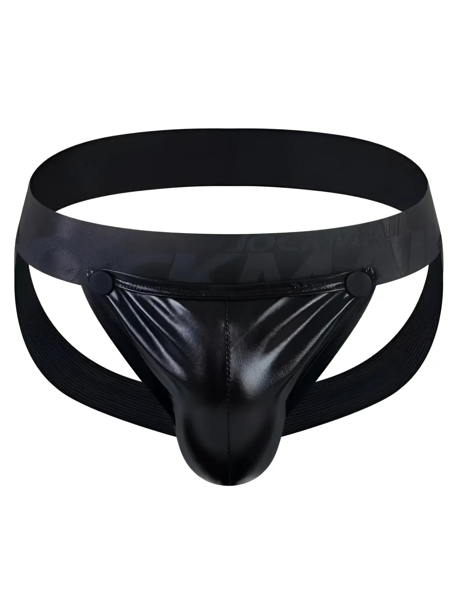 Black patent leather tartarus coated jockstrap with wide elastic waistband and side straps front view