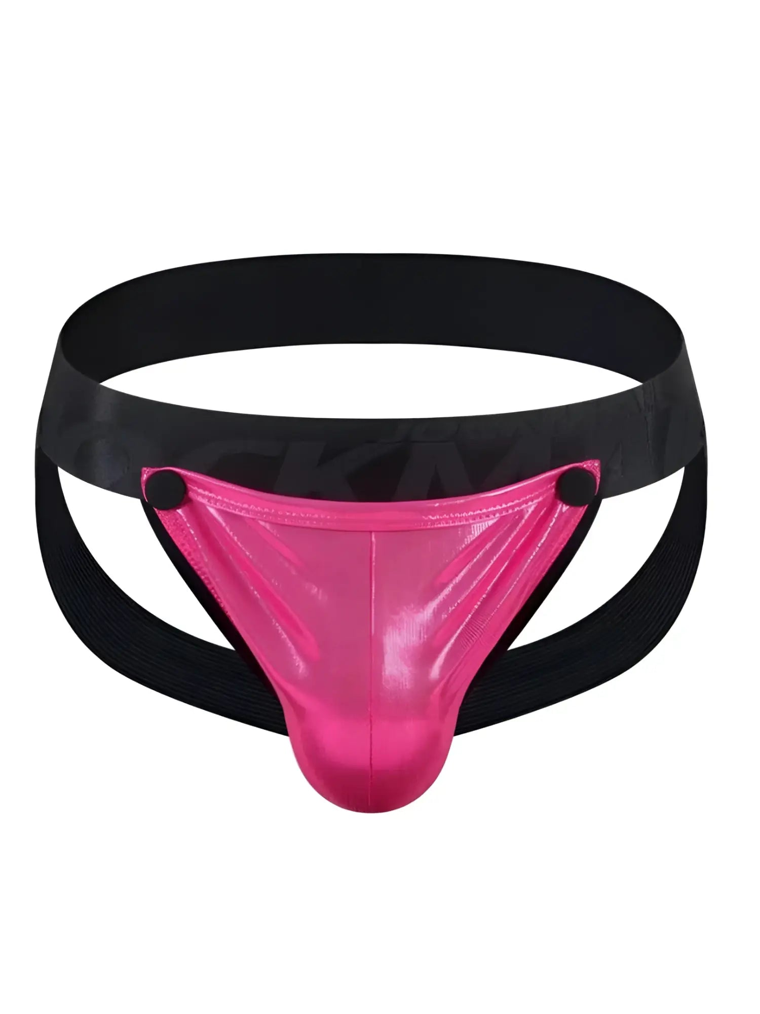 Bright pink metallic tartarus coated jockstrap with black elastic waistband and side straps showing front view
