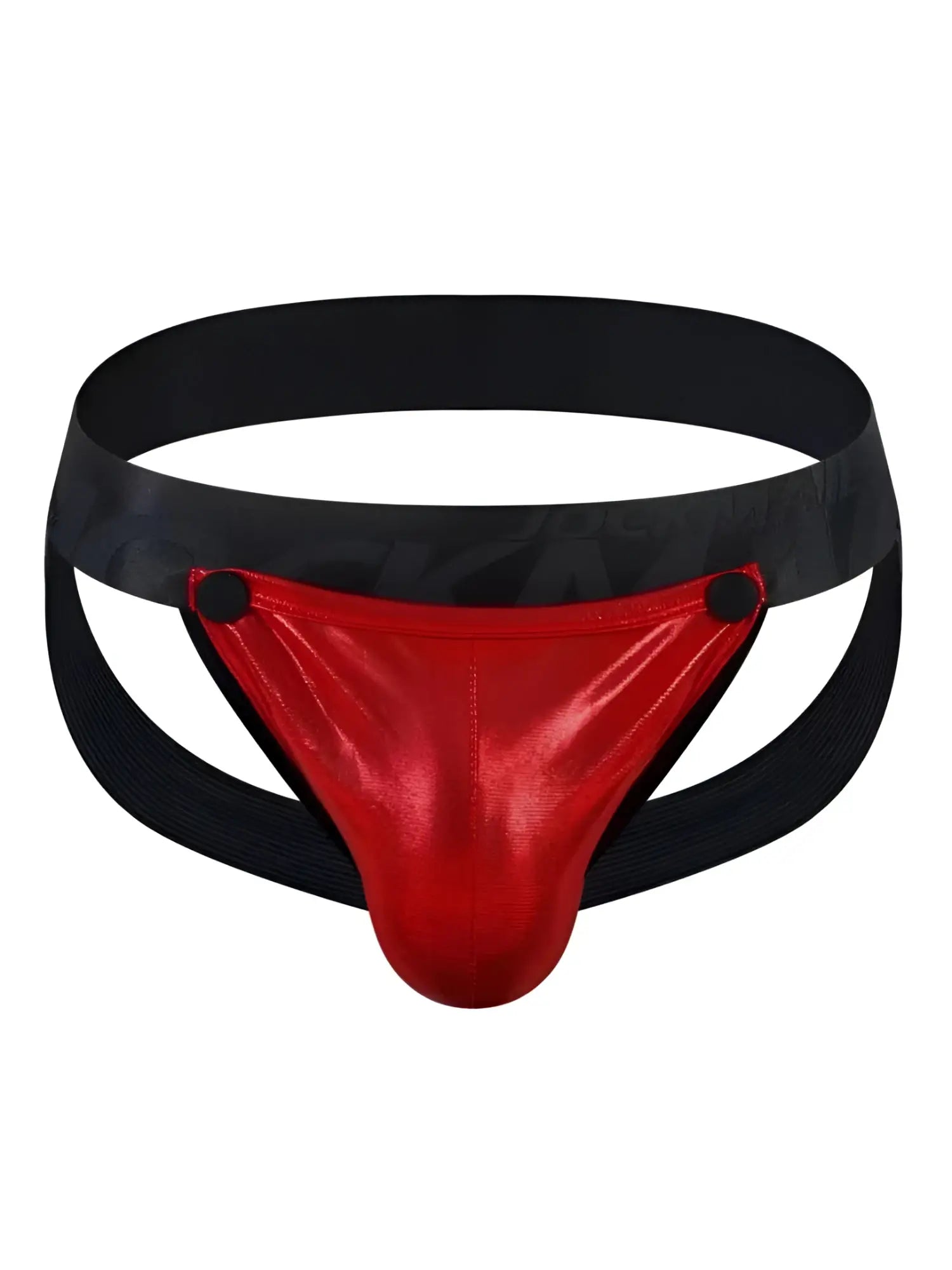 Red metallic tartarus coated jockstrap briefs with black elastic waistband and side straps front view