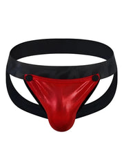 Red metallic tartarus coated jockstrap briefs with black elastic waistband and side straps front view
