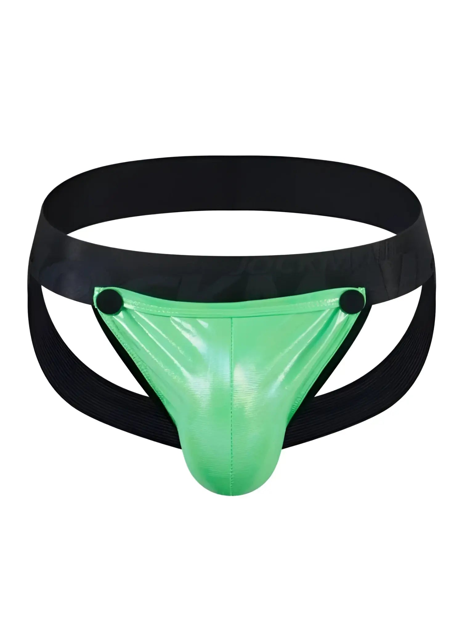 Vibrant green tartarus coated jockstrap briefs with black elastic waistband and side straps front view