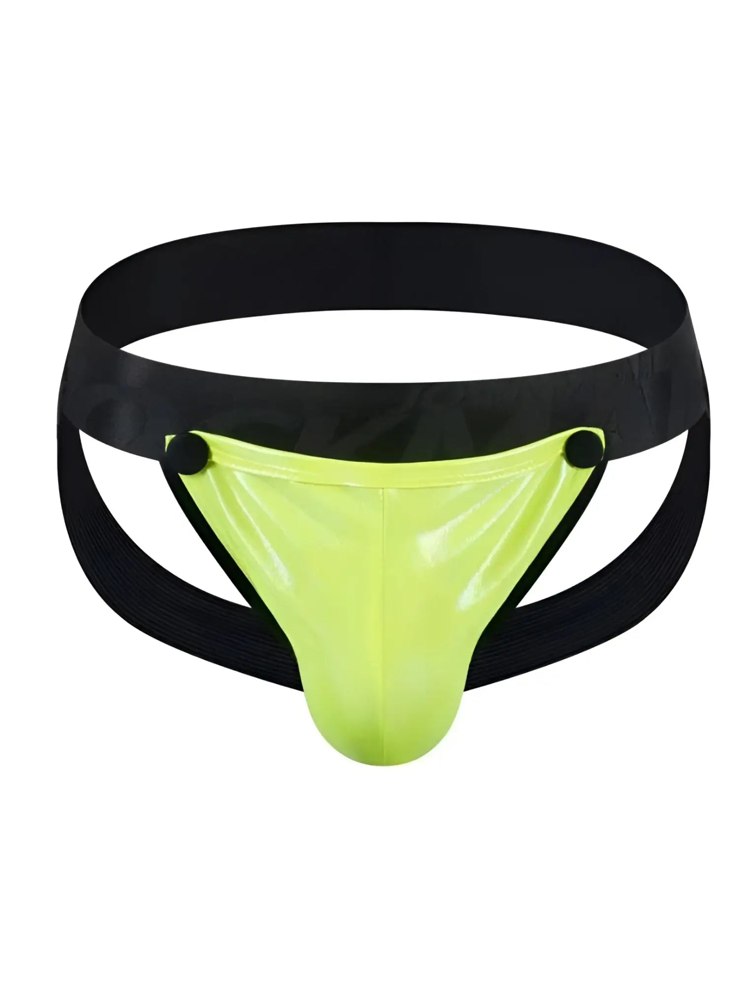 Vibrant neon green tartarus coated jockstrap latex briefs with black elastic waistband and side straps visible from the back